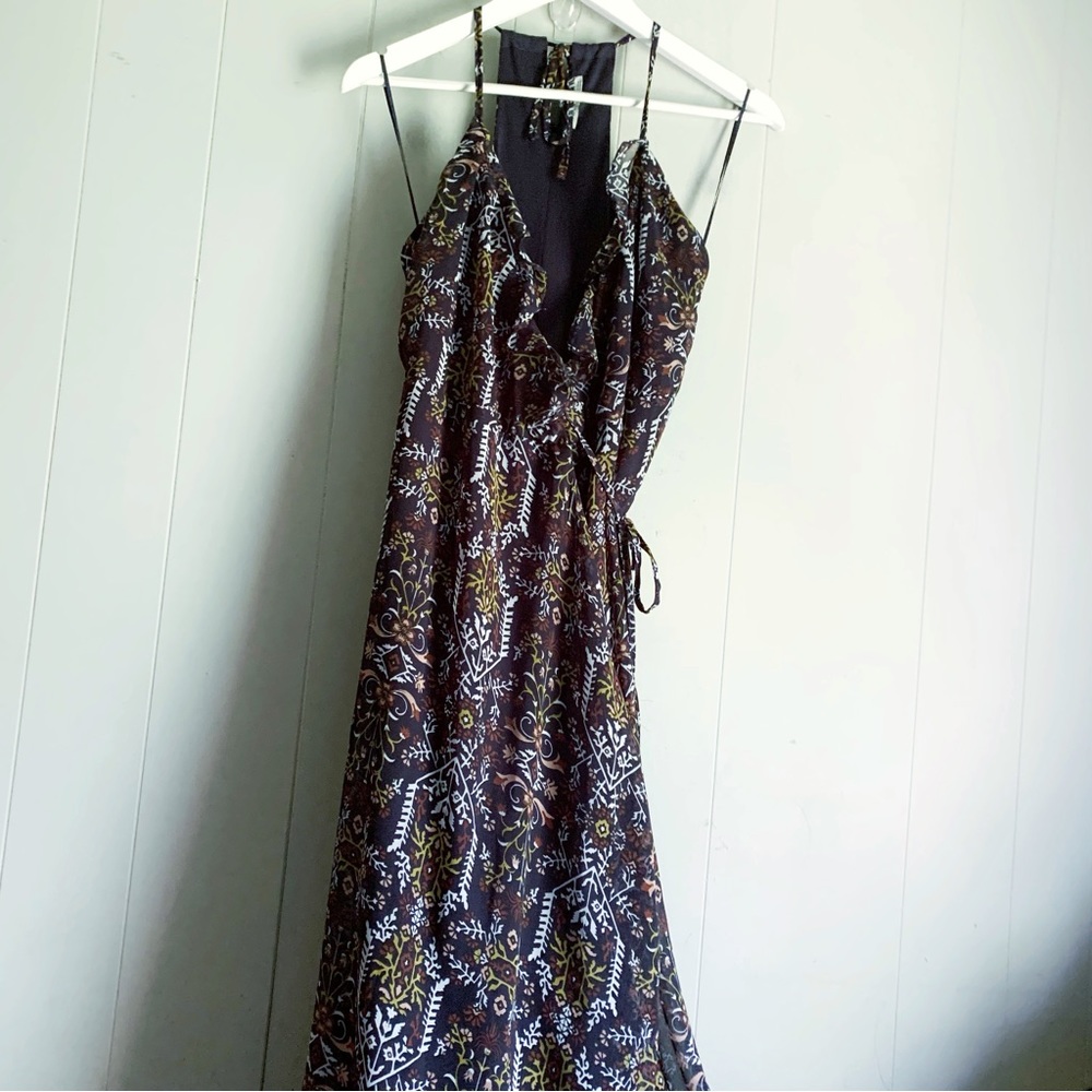 Dex Blue Brown Floral Strappy Wrap Maxi Dress S